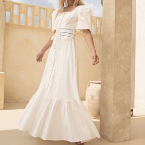 White Puff-Sleeve Button-Front Maxi Dress